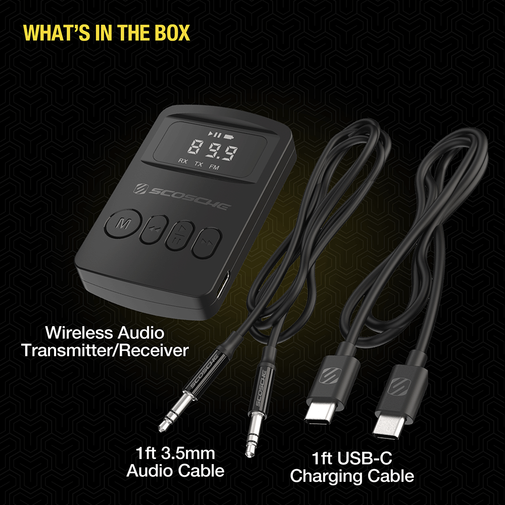 What's in the box: wireless audio transmitter/receiver 1-ft. 3.5mm charging cable 1-ft. USB-C charging cable.