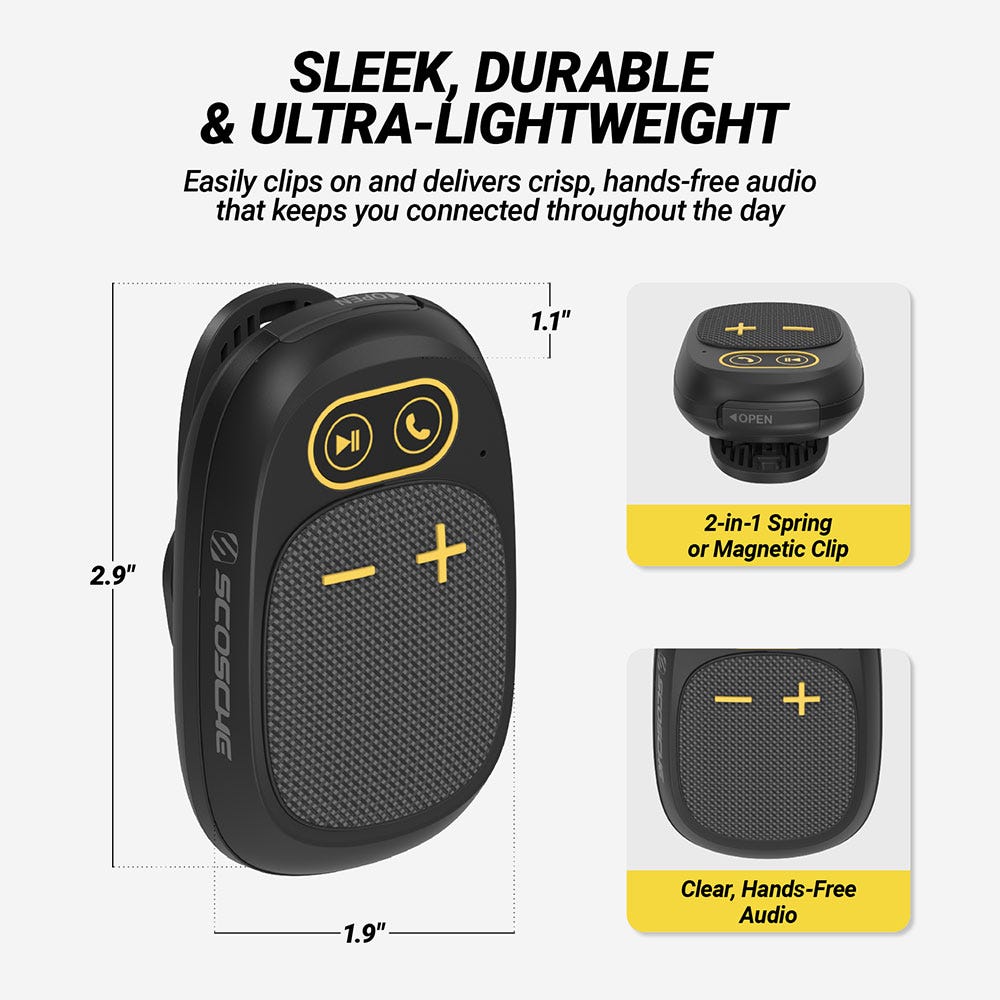 Sleek Durable & Ultra-Lightweight. Easily clips on and delivers crisp hands-free audio that keeps you connected throughout the day. Measures 2.9 x 1.9" x 1.1". 2-in-2 spring or magnetic clip. Clear hands-free audio"