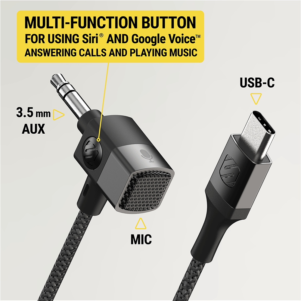 Multi-Function Button for using Siri and Google Voice answering calls and playing music. 3.5 mm Aux USB-C and Microphone