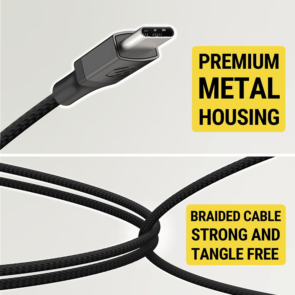 Premium metal housing. Braided cable strong and tangle free