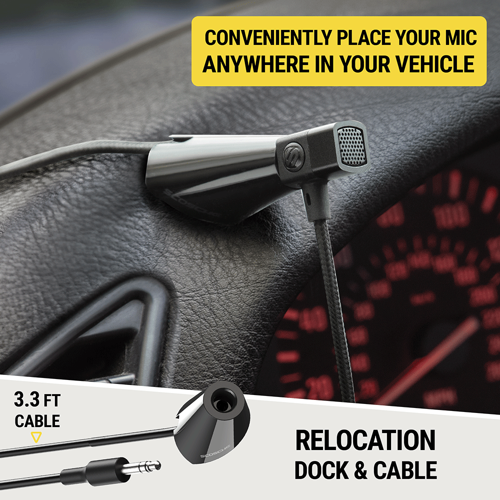 Conveniently place your mic anywhere in your vehicle. Relocation dock and 3.3 foot cable.