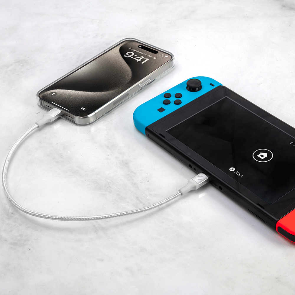 Braided USB-C to Lightning 1ft Cable connecting iphone to handheld game