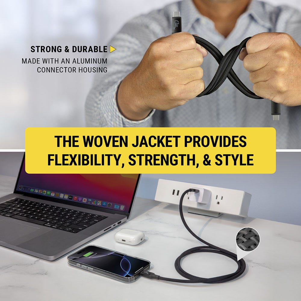 Strong and durable. Made with an Aluminum connector housing The woven jacket provides flexibility strength and style