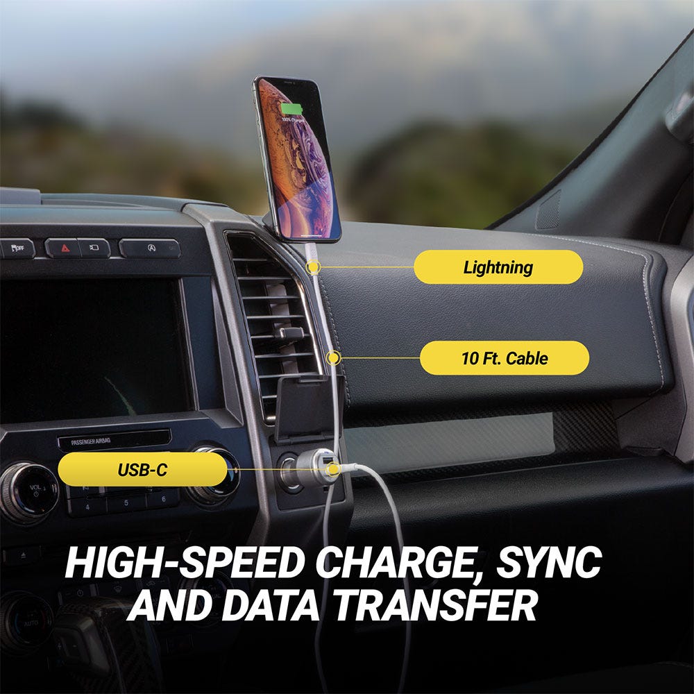 High speed charge, sync, and data transfer. Lightning, 10Ft cable, USB-C