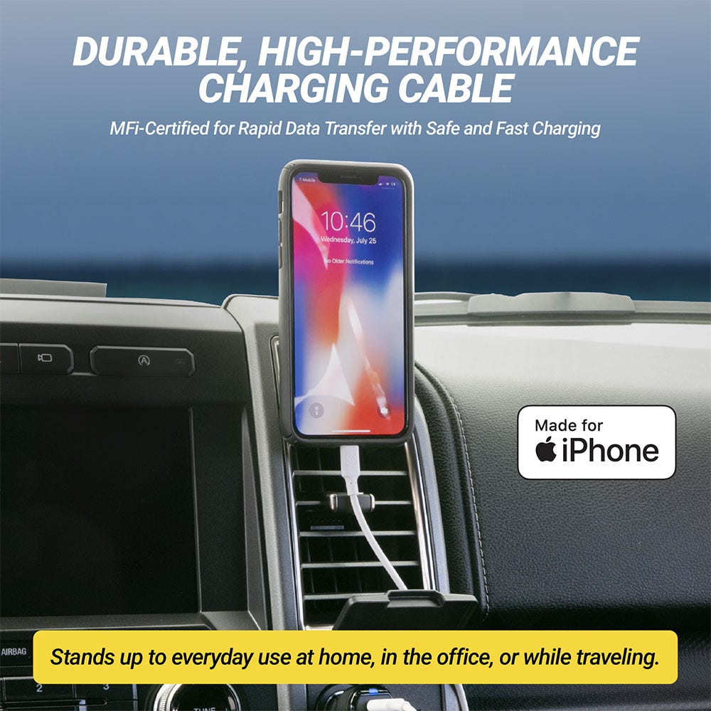 Durable, high-performance charging cable. MFi-certified for rapid data transfer with safe and fast charging. Made for iPhone. Stands up to everyday use at home. in office, or while traveling
