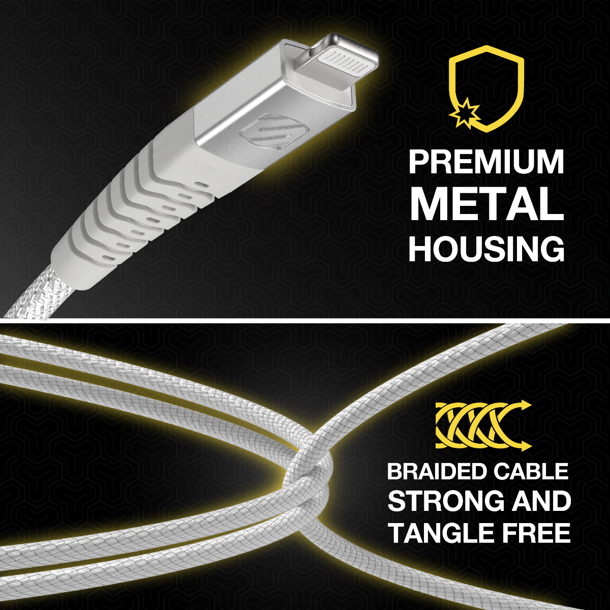 Premium metal housing. Braided cable is strong and tangle free.
