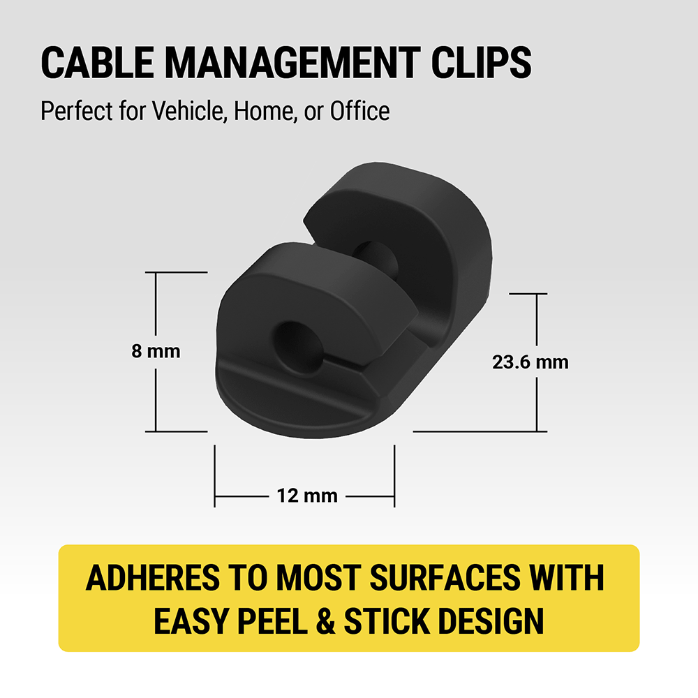Cable management clips. Perfect for vehicle home or office. Measures 23.6mm by 12mm base and 8mm tall. Adheres to most surfaces with easy peel & stick design.