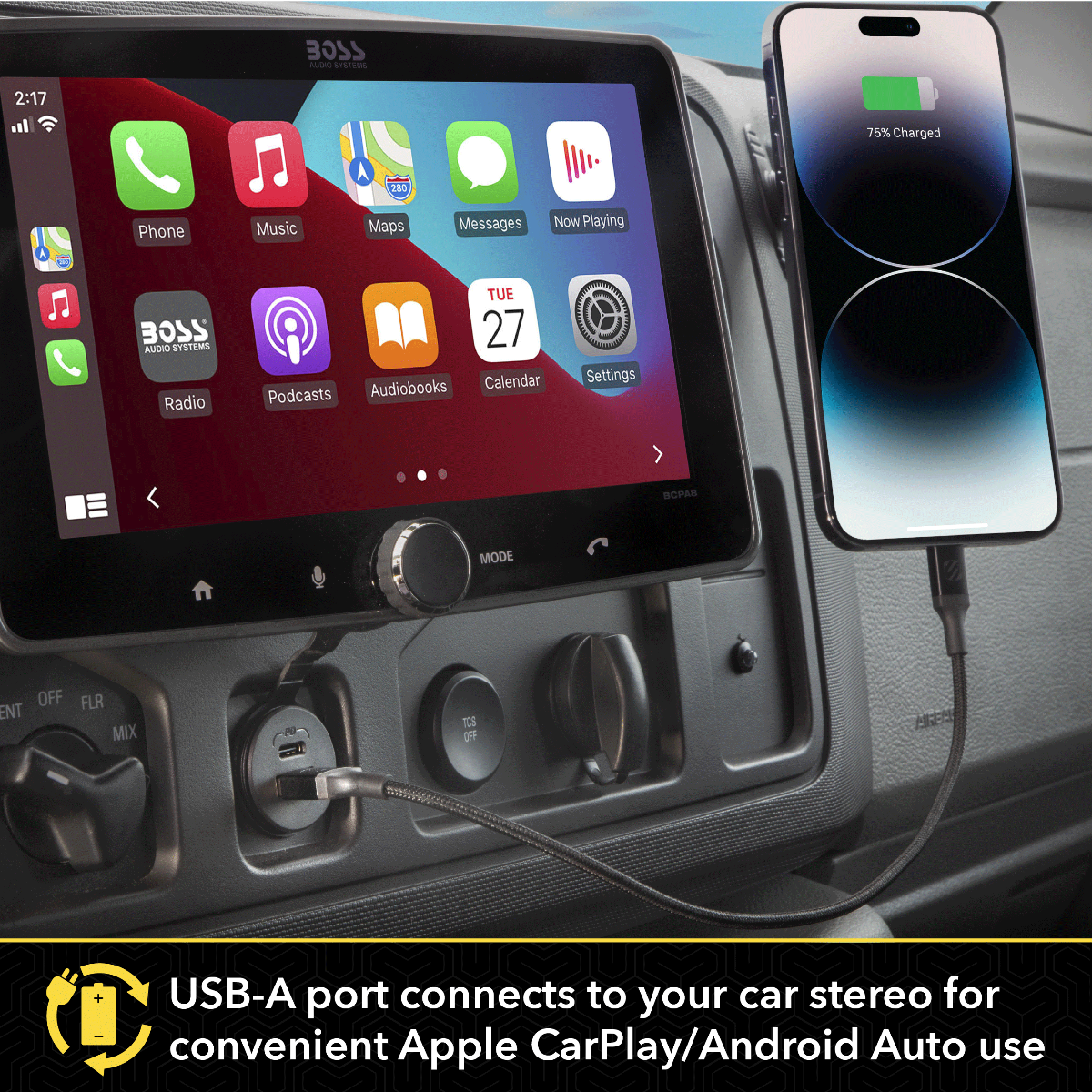 USB-A port connects to your car stereo for convenient Apple CarPlay/Android auto use.