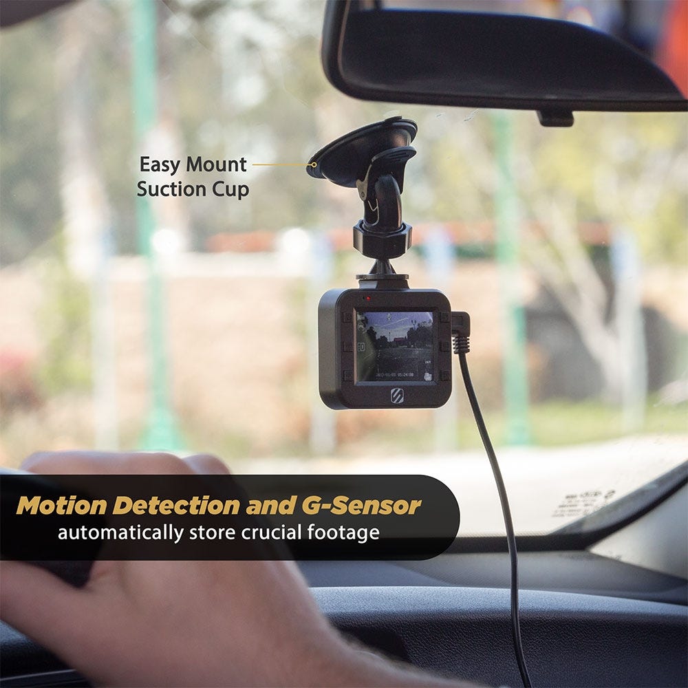 Easy mount suction cup. Motion detection and G-sensor automatically store crucial footage