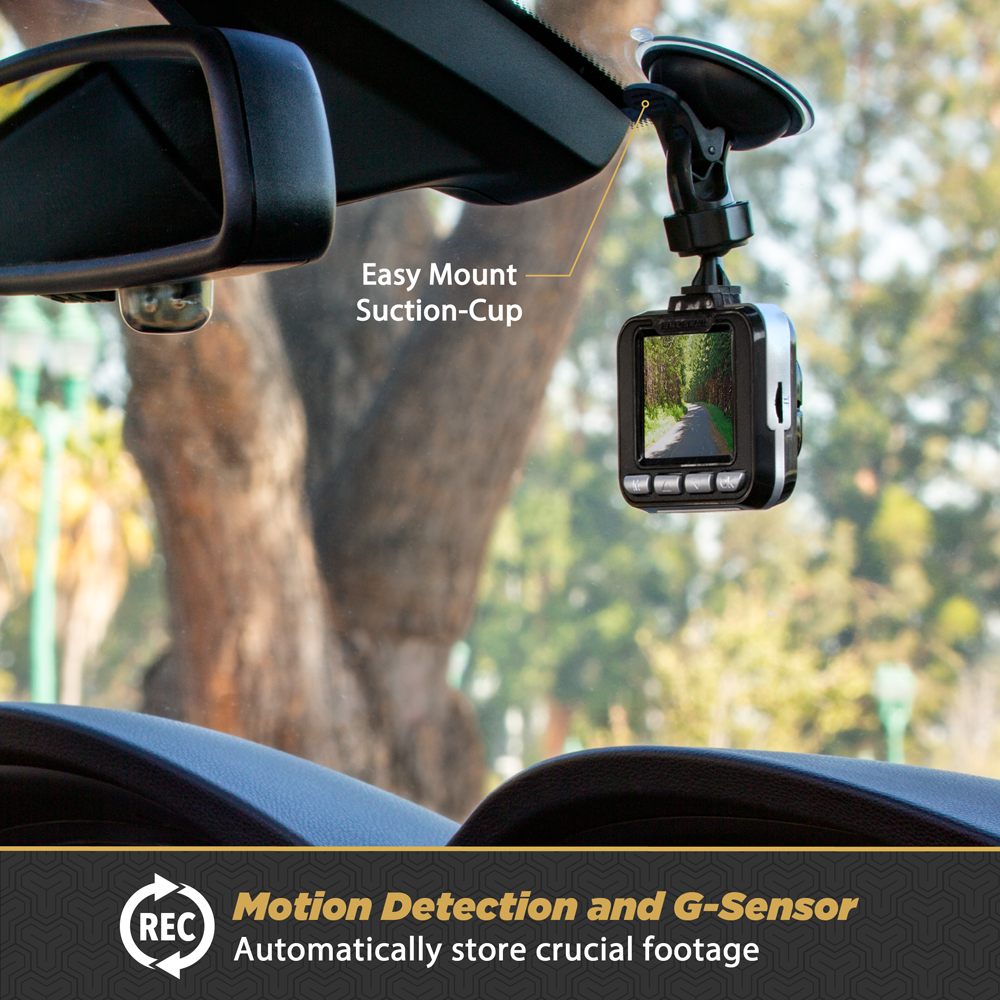 Easy mount suction-cup. Motion detection and G-sensor automatically store crucial footage.