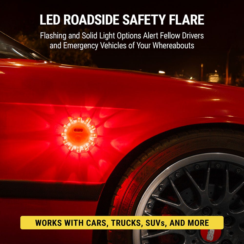 LED Roadside Safety Flare. Flashing and solid light options alert fellow drivers and emergency vehicles of your whereabouts. Woks with cars trucks SUVs and more