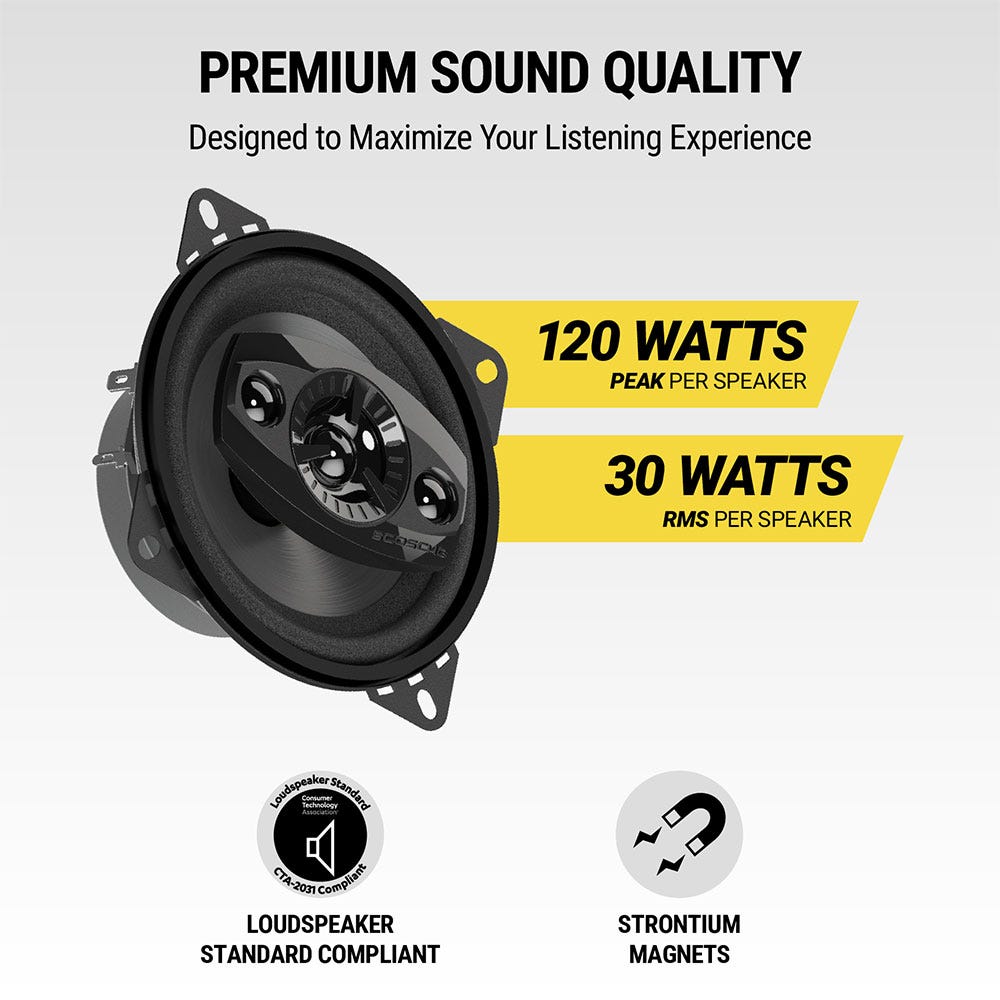 Premium sound quality. Designed to maximize your listening experience. 120 watts peak per speaker. 30 watts RMS per speaker. Loudspeaker Standard Compliant. Strontium magnets.