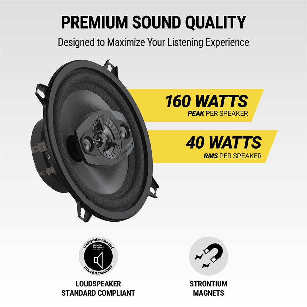 Premium sound quality. Designed to maximize your listening experience. 160 watts peak per speaker. 40 watts RMS per speaker. Loudspeaker Standard Compliant. Strontium magnets.