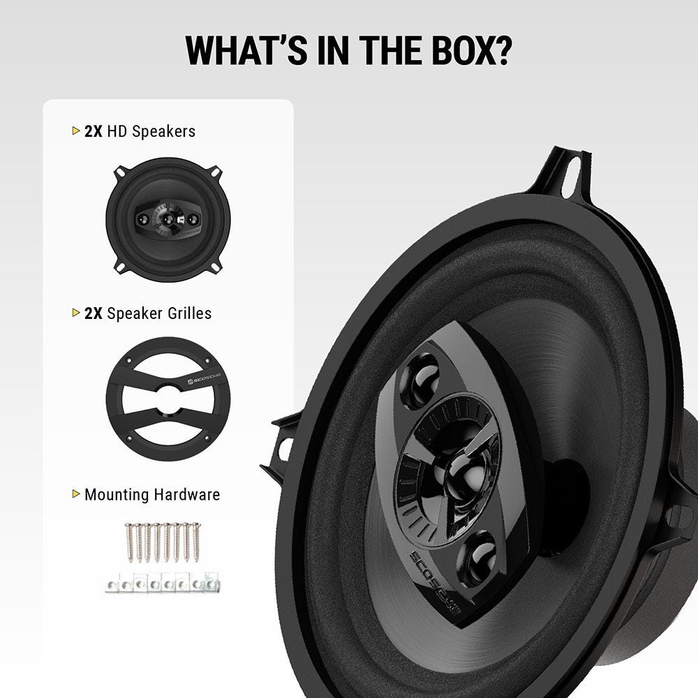 What's in the box? 2X HD speakers 2X speaker grilles Mounting hardware