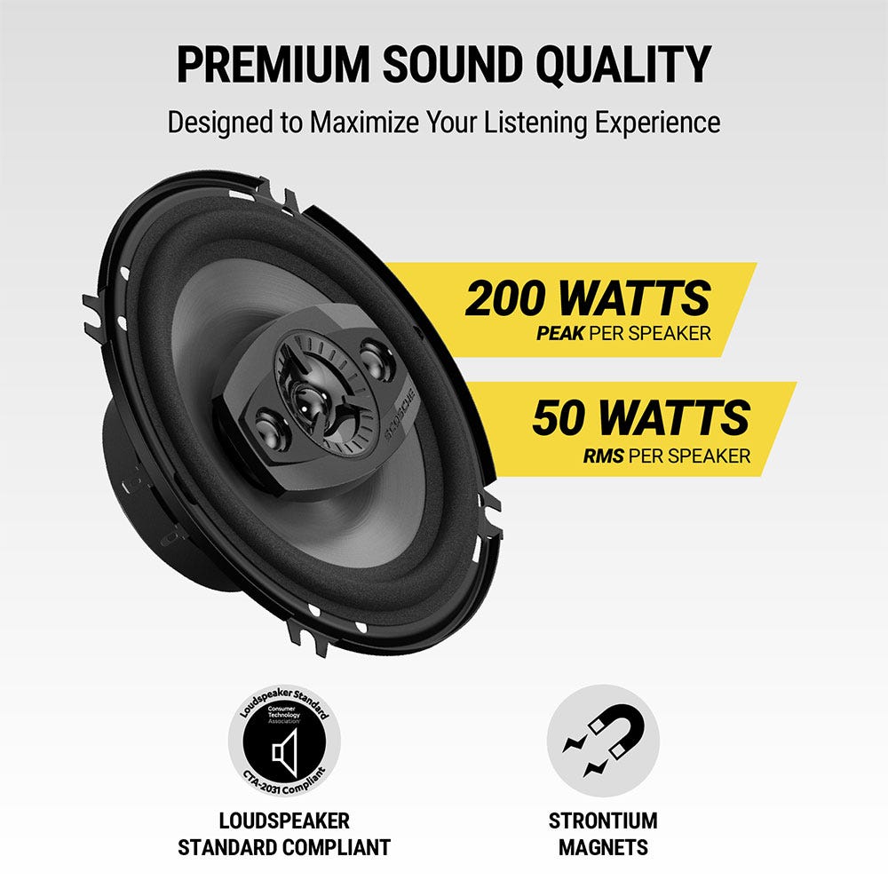 Premium sound quality. Designed to maximize your listening experience. 200 watts peak per speaker. 50 watts RMS per speaker. Loudspeaker Standard Compliant. Strontium magnets.