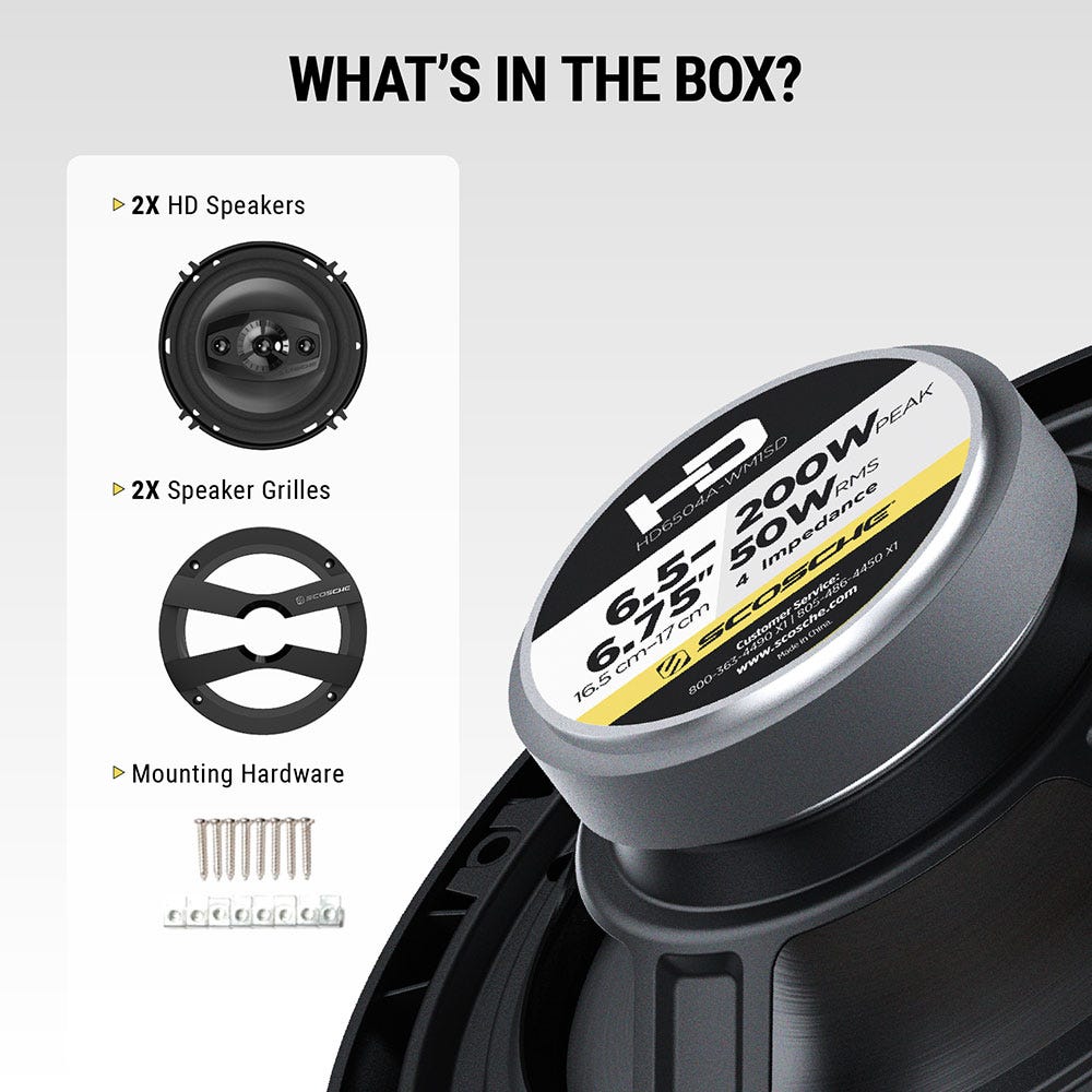 What's in the box? 2X HD speakers 2X speaker grilles Mounting hardware