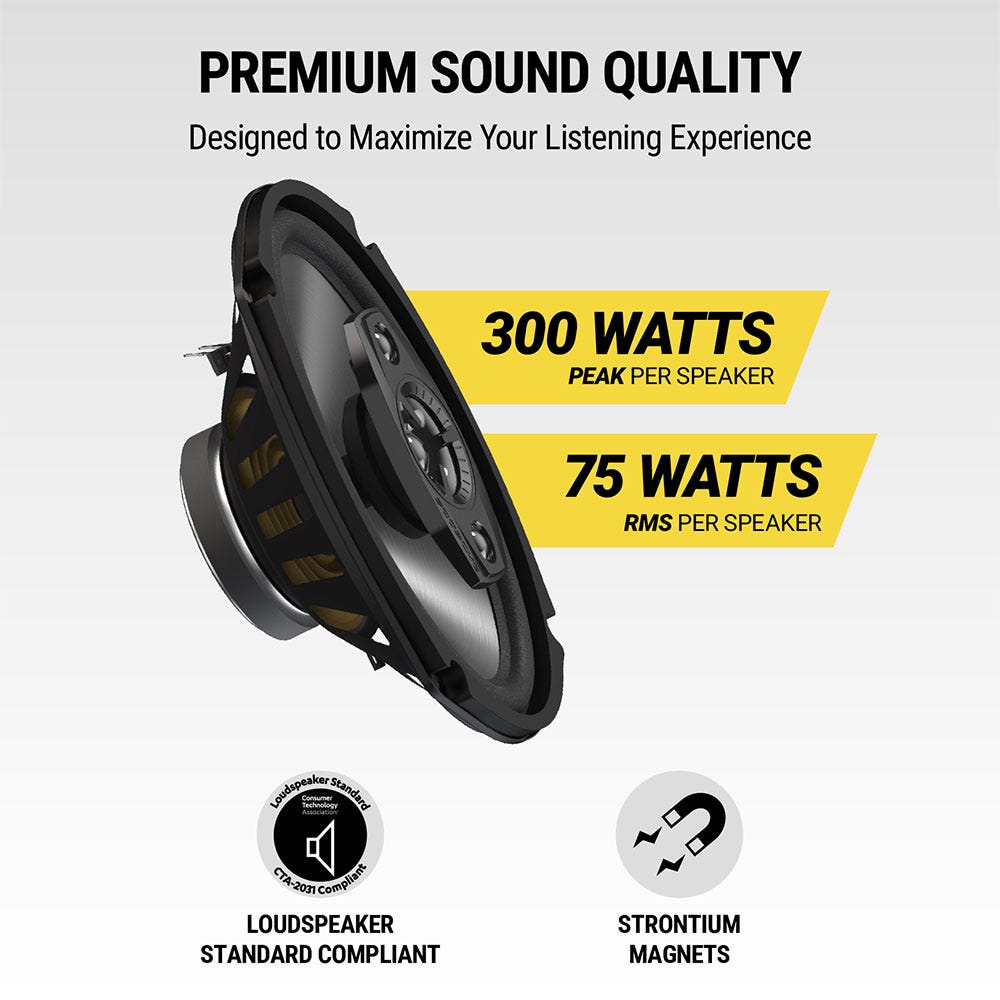 Premium sound quality. Designed to maximize your listening experience. 300 watts peak per speaker. 75 watts RMS per speaker. Loudspeaker Standard Compliant. Strontium magnets.