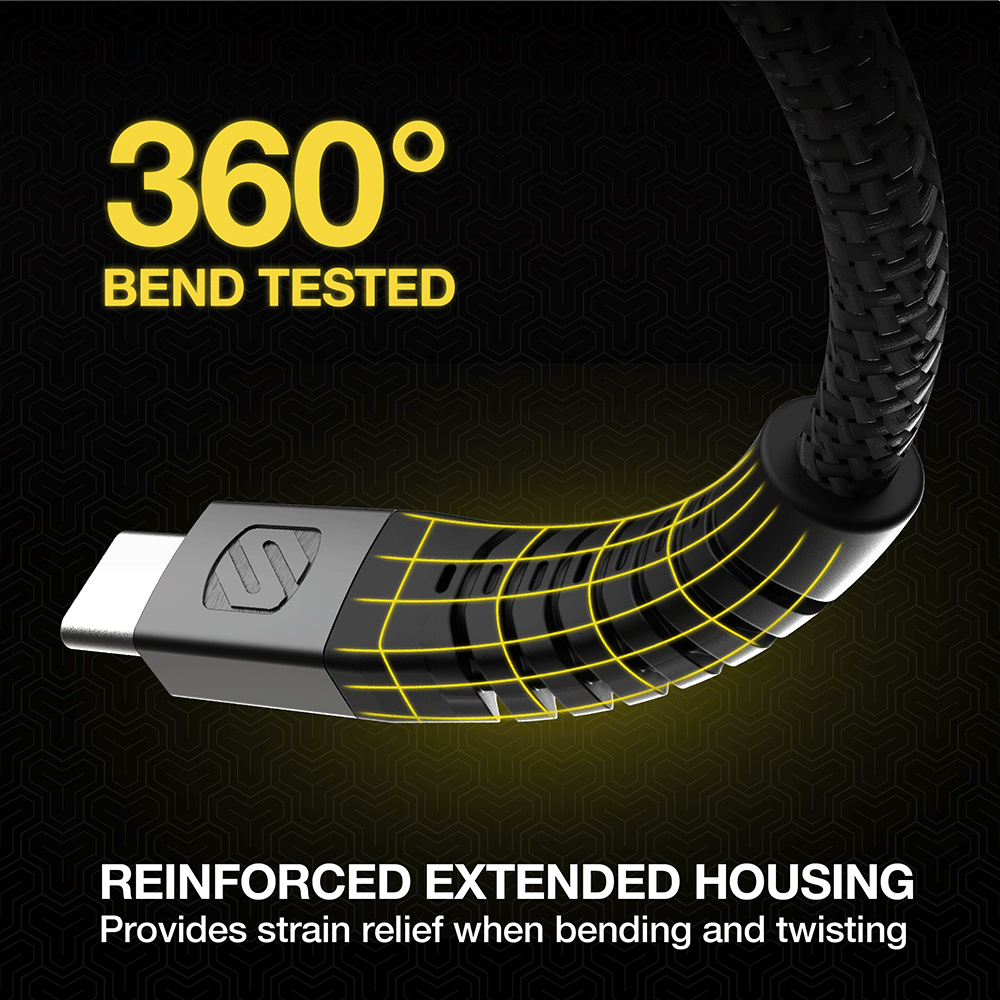 360 degree bend test. Reinforced extended housing provides strain relief when bending and twisting
