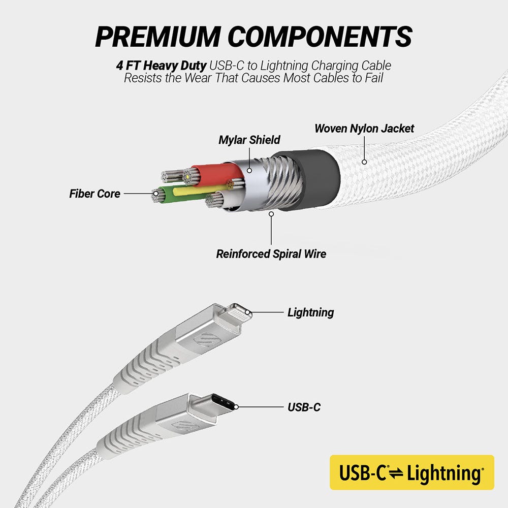 Premium components. 4 Ft heavy-duty USB-C to Lightning charging cable resists the wear that causes most cables to fall. Fiber core Mylar shield woven Nylon jacket reinforced spiral wire Lightning USB-C