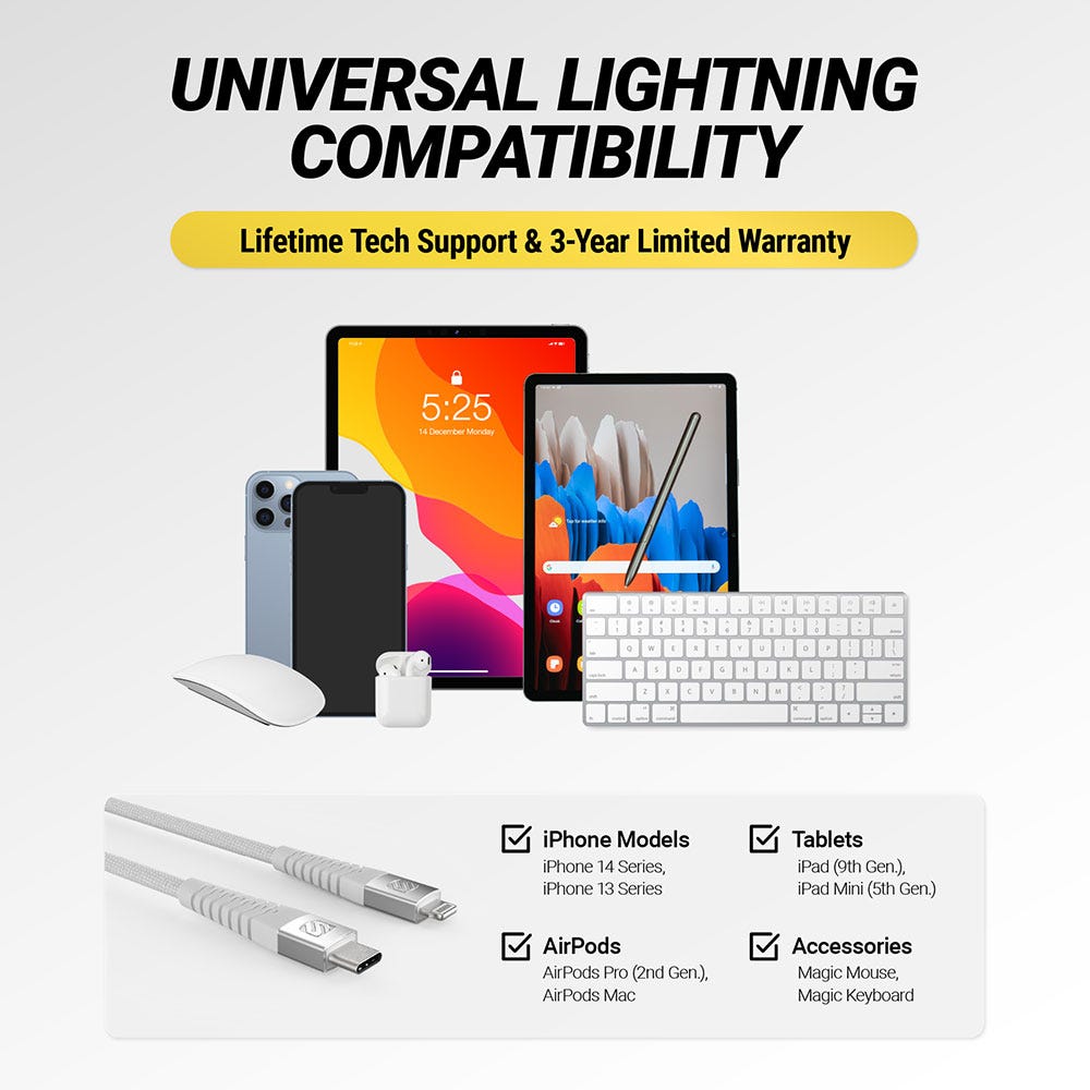 Universal lightning compatibility. Lifetime tech support and 3 year limited warranty. iPhone Models (iPhone 14 Series iPhone 13 Series) Tablets (iPad (9th Gen.) iPad Mini (5th Gen.)) AirPods (AirPods Pro (2nd Gen.) AirPods Max) Accessories (Magic Mo