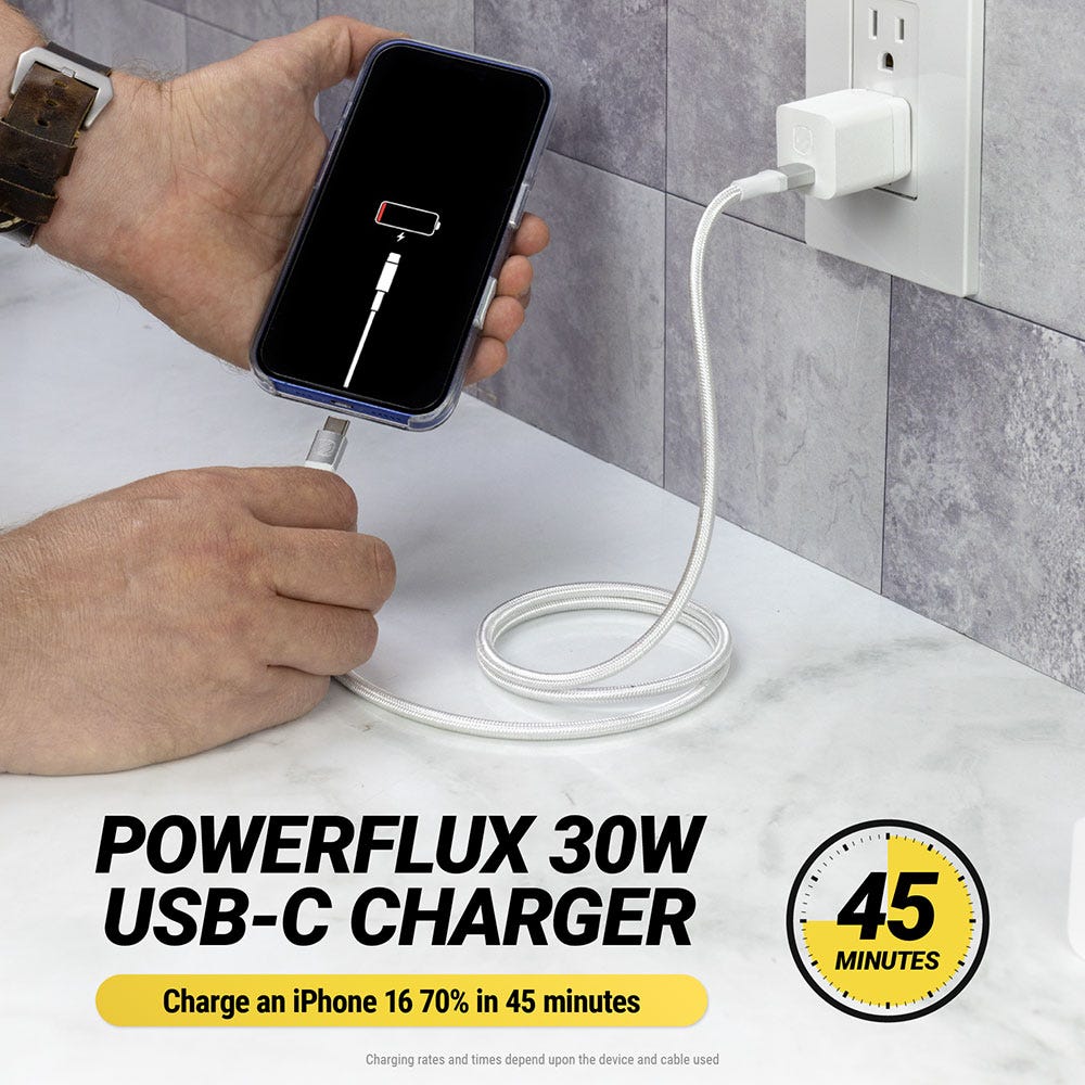 PowerFlux 30W USB-C Charger/ Charge an iPhone 16 to 70% in 45 minutes (depending on the device and cable used.)