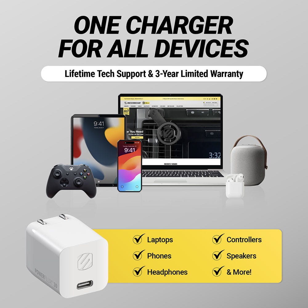One charger for all devices. Lifetime tech support and 3-year limited warranty. Laptops phones headphones controllers speakers and more!