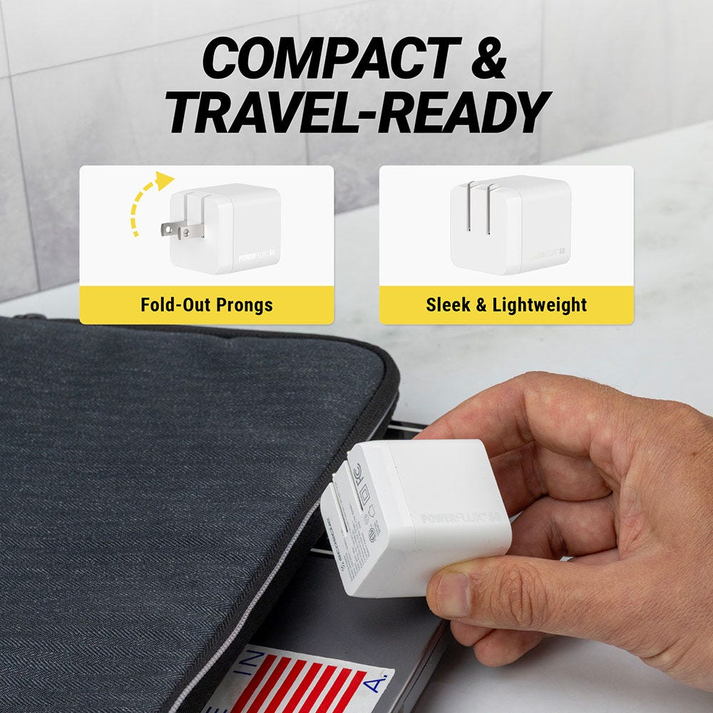 Compact and travel-ready. Fold-out prongs. Sleek and lightweight.