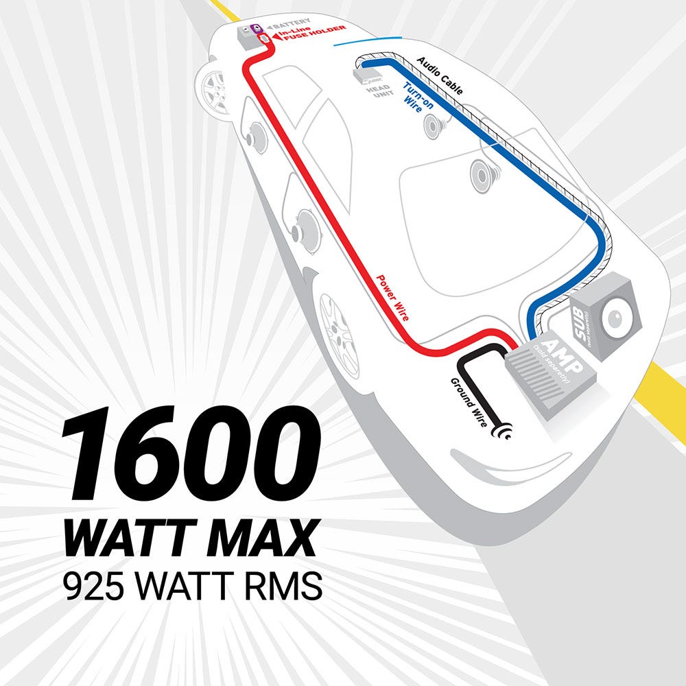 1600 Watt Max 925 Watt RMS. Diagram of Battery In-Line fuse holder power wire ground wire AMP SUB Audio cable Turn-on wire to head unit