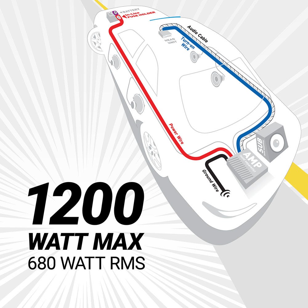 120 Watt Max 680 Watt RMS. Diagram of Battery In-Line fuse holder power wire ground wire AMP SUB Audio cable Turn-on wire to head unit