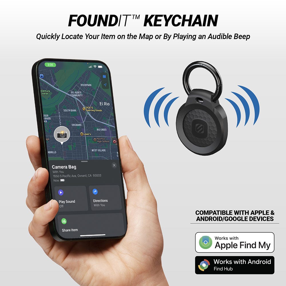 FoundIt Keychain. Quickly locate your item on the mp or by playing an audible beep. Compatible with Apple Find My. Works with Android Find Hub.