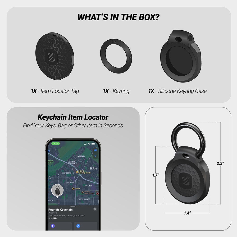 What's in the box? 1X Item locator tag 1X Keyring 1X silicone keyring case. Keychain Item locator finds your keys bag or other item in seconds. Measures 1.7 x 1.4" and is 2.3" total in length."