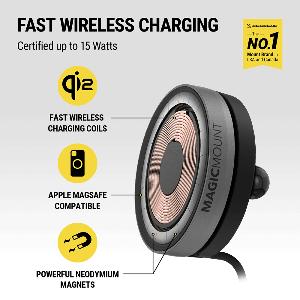 Fast wireless charging certified up to 15W of charging power. Scosche is the #1 mount brand in the USA and Canada. Fast wireless charging coils. Powerful Neodymium magnets. Apple MagSafe compatible.
