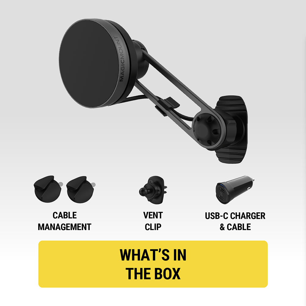 What's Included - vent clip USB-C charger and cable cable management