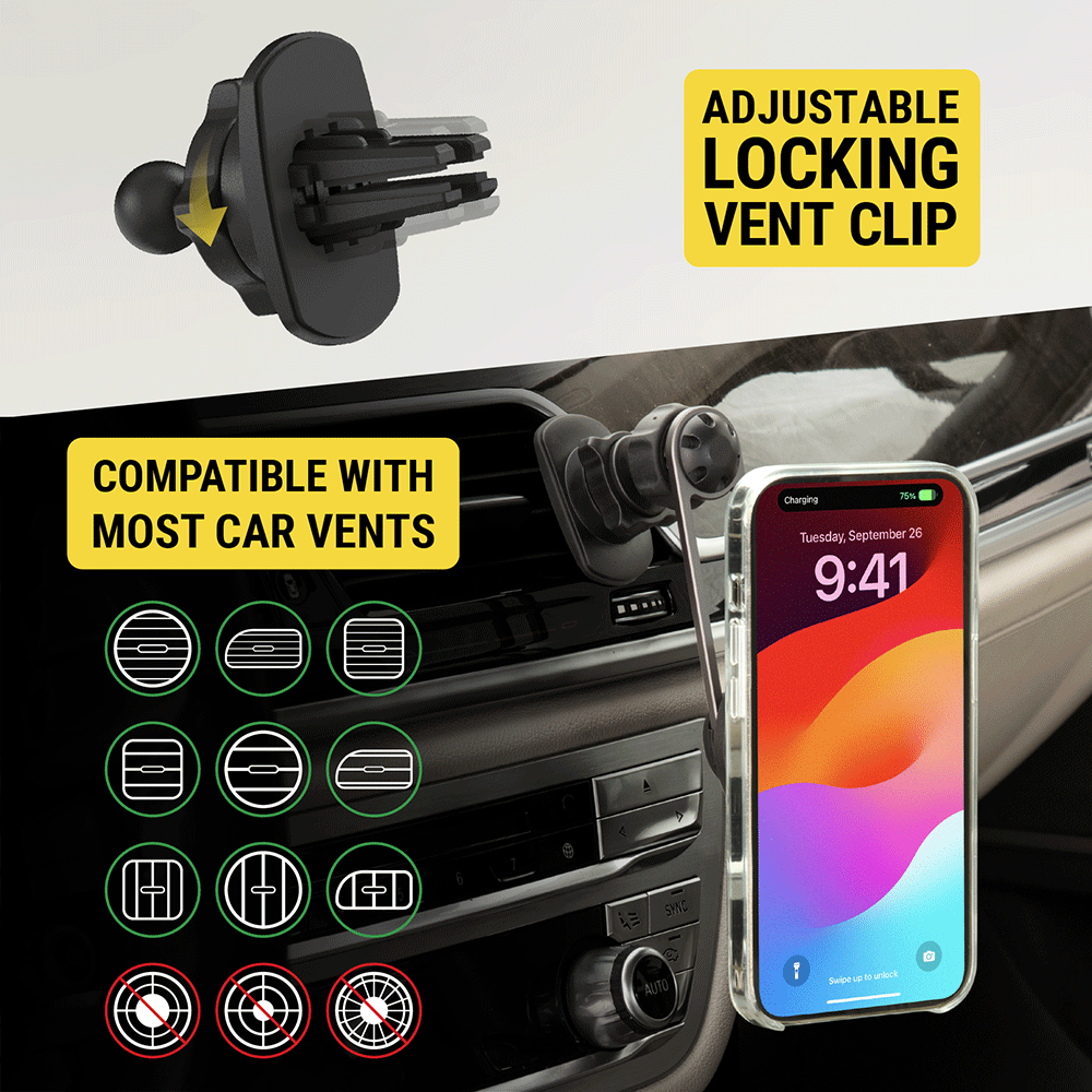 Compatible with most car horizontal and vertical vents but not circular. Adjustable locking vent clip.