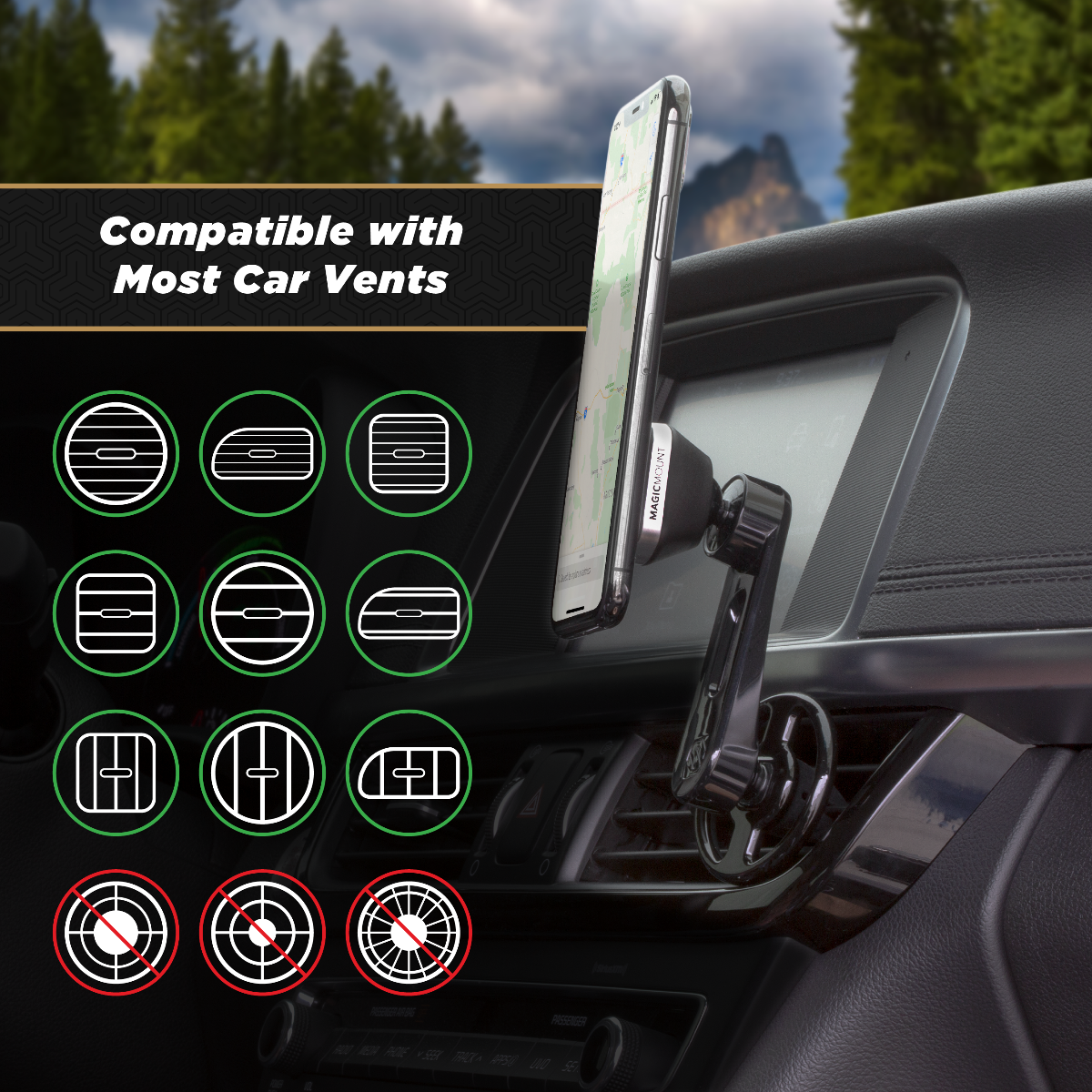 Compatible with Most Car Vents. Compatible with verticle and horizontal fan vent slots. Not compatible with circular vent slots. Rubberized vent grip