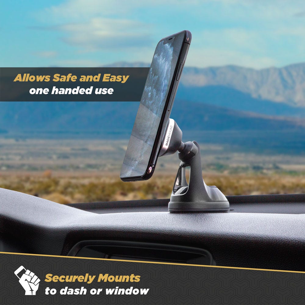 Phone on magnetic mount on dashboard showing how it can be used safely without needing two hands