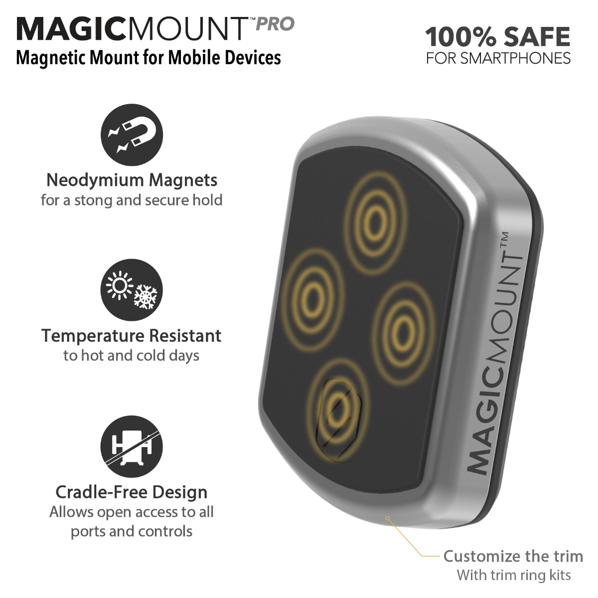 MagicMount Pro Magnetic mount for mobile devices. 100% safe for smartphones. Neodymium magnets for a strong and secure hold. Temperature resistant to hot and cold days. Cradle-free design allows open access to all ports and controls. Customize the trim wi
