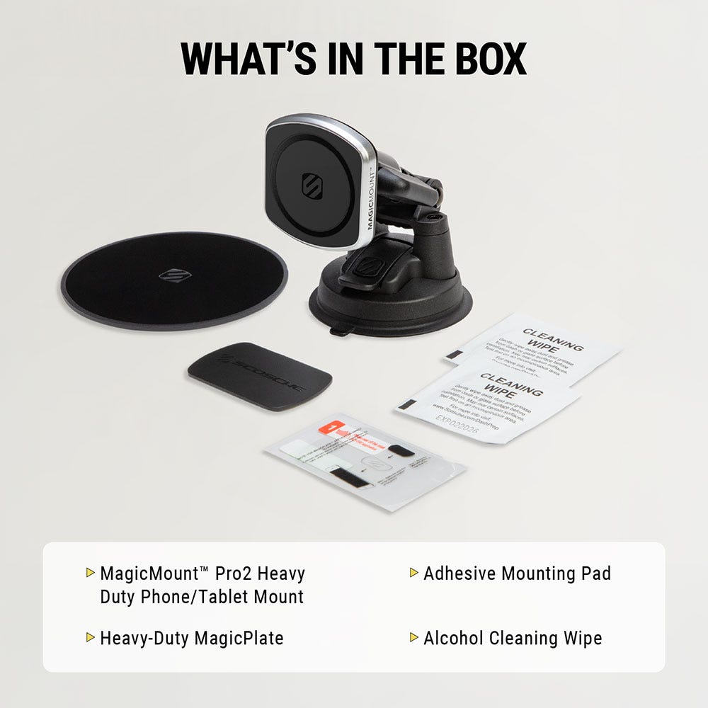 What's in the box: MagicMount Pro2 Heavy duty phone/tablet mount heavy-duty MagicPlate Adhesive mounting pad alcohol cleaning wipe