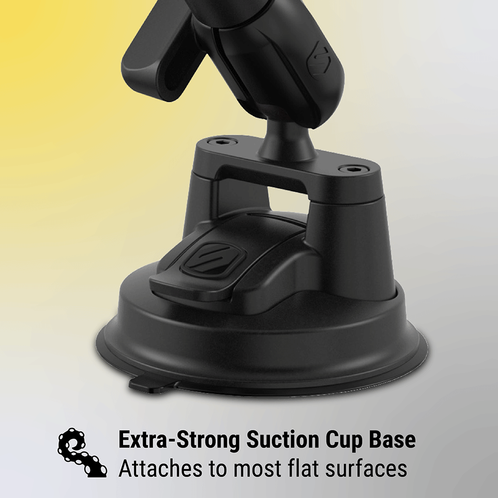 Extra-strong suction cup base attaches to most flat surfaces