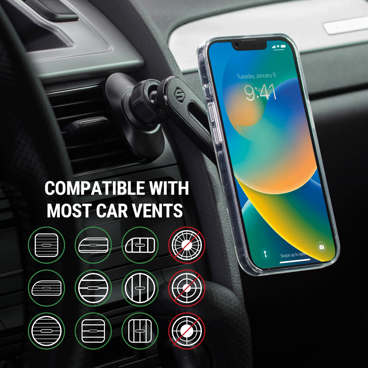 Compatible with Most Car Vents. Compatible with verticle and horizontal fan vent slots. Not compatible with circular vent slots. Vent mount securely mounts to most vehicle vents.