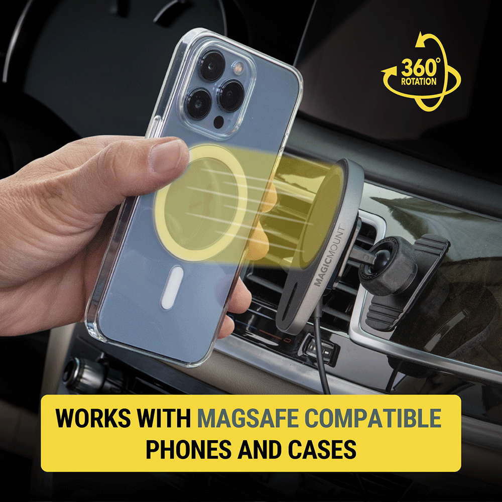 360 degree rotation. Works with MagSafe compatible phones and cases