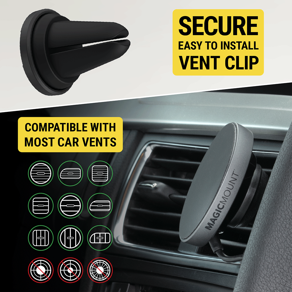 Secure easy to install vent clip. Compatible with most horizontal or vertical car vents but not circular.