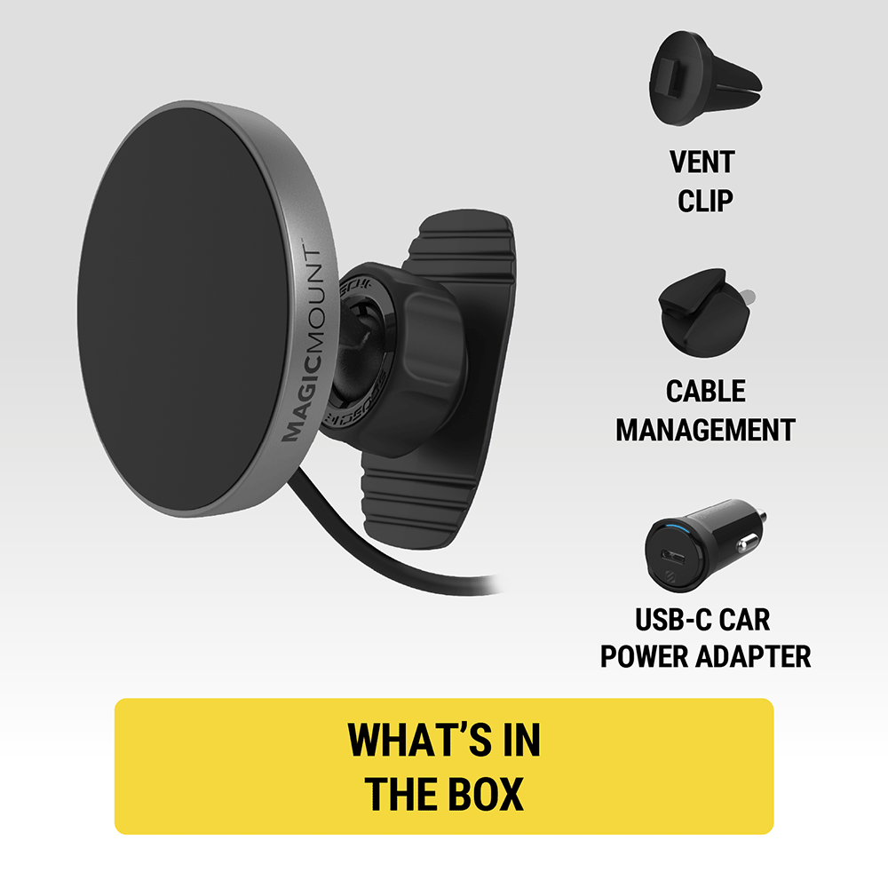 What's in the box: USB-C car power adapter vent clip cable management clip