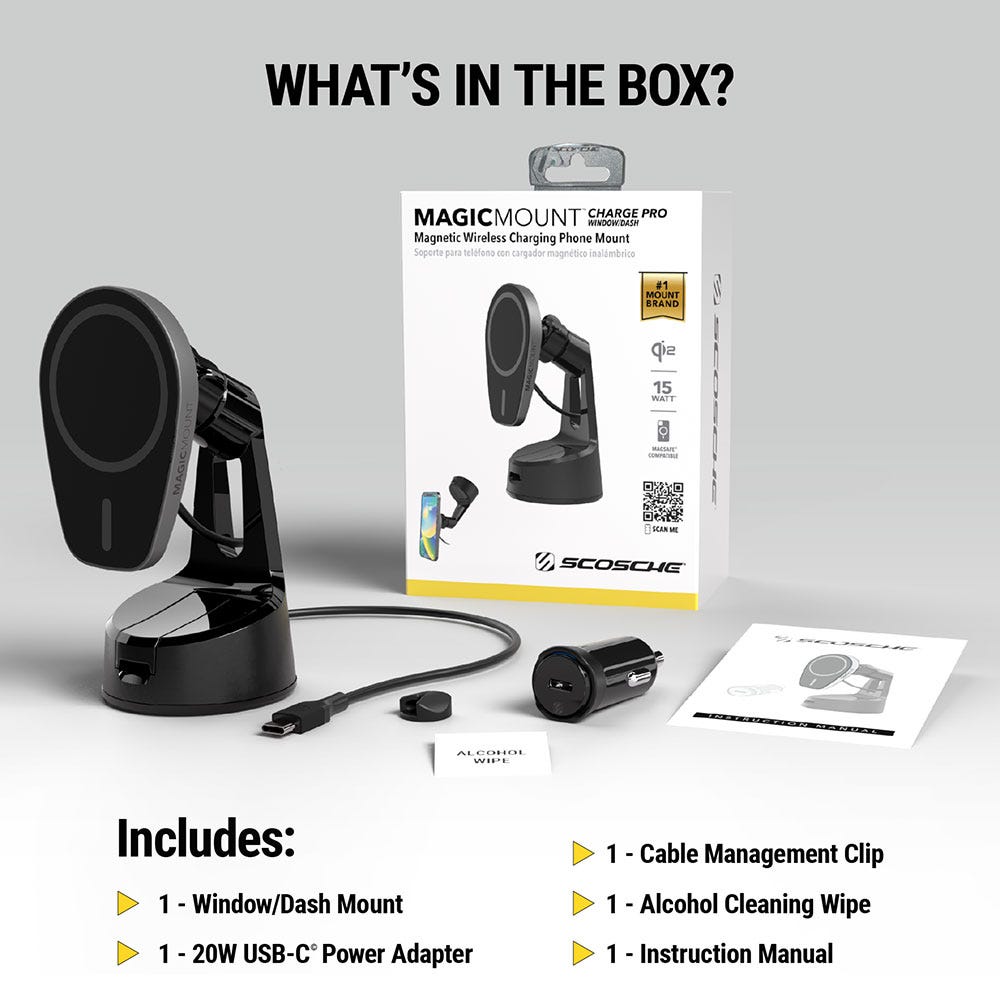What's in the box? MagicMount Charge Pro Window/Dash Mount 20W USB-C Power Adapter Cable Management Clip Alcohol cleaning wipe