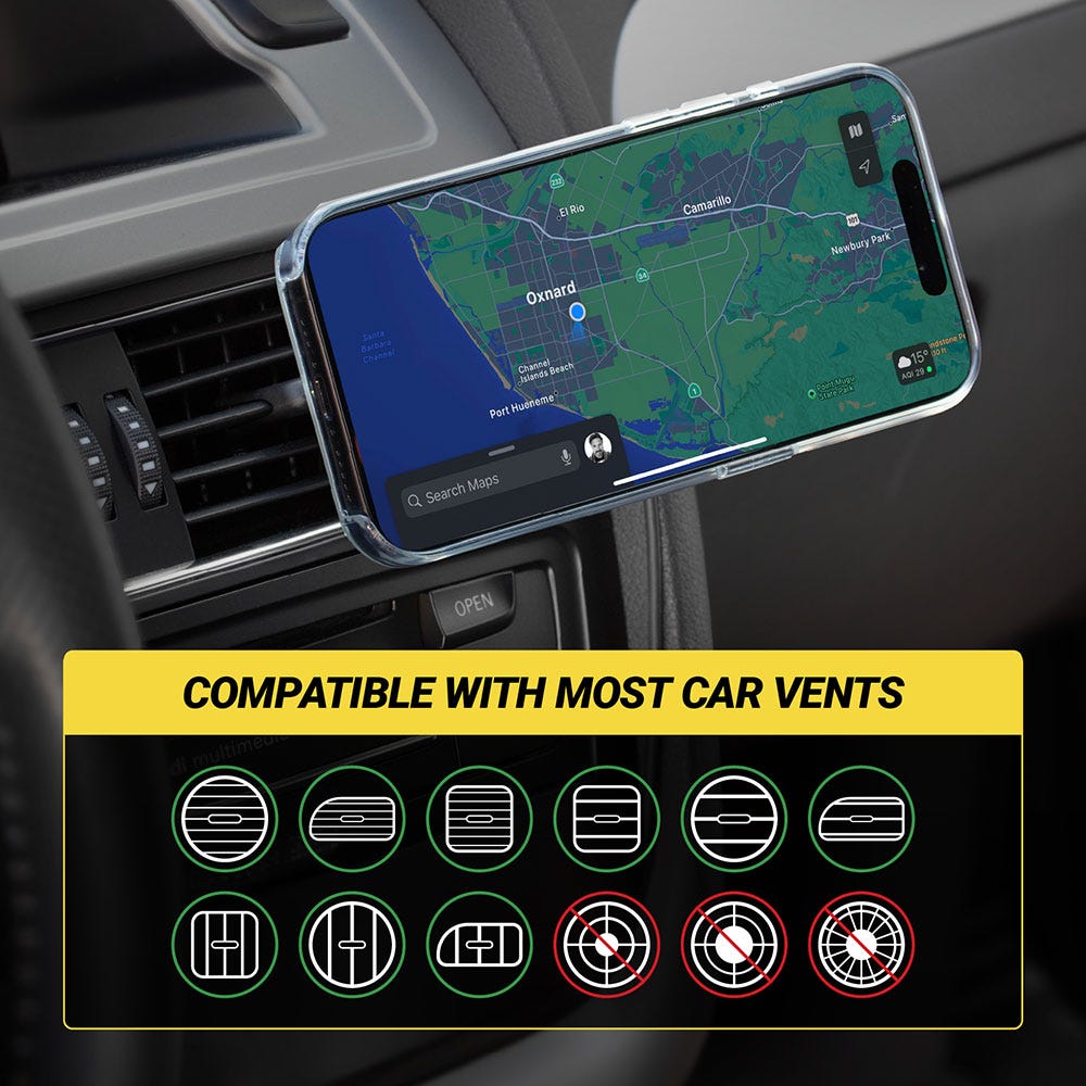 Compatible with most horizontal and vertical car vents but not circular