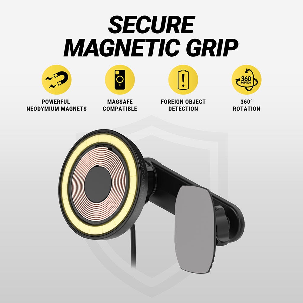 Secure magnetic grip. Powerful Neodymium magnets. MagSafe compatible. Foreign object detection. 360 degree rotation.