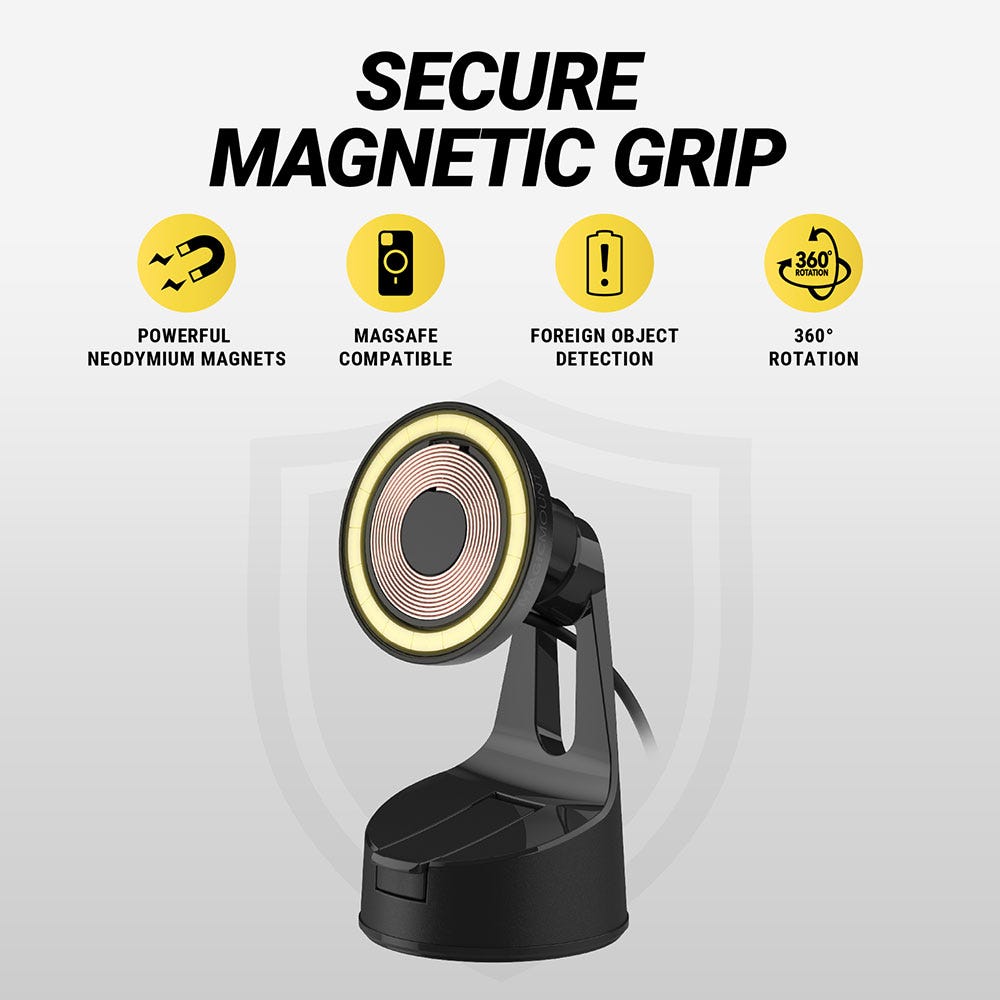 Secure magnetic grip. Powerful Neodymium magnets. MagSafe compatible. Foreign object detection. 360 degree rotation.