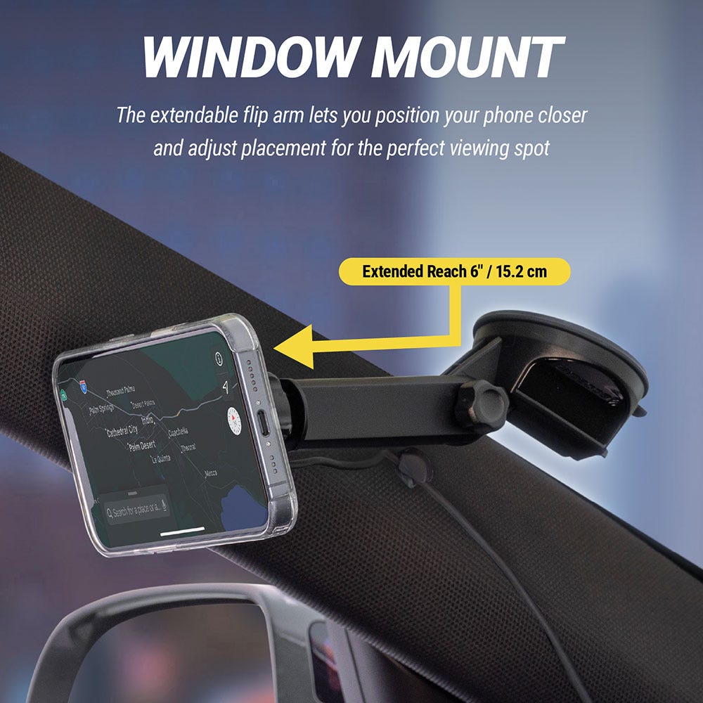 The extendable flip arm lets you position your phone closer and adjust placement for the perfect viewing spot. Arm measures 6 inches/15.2 centimeters for extended reach