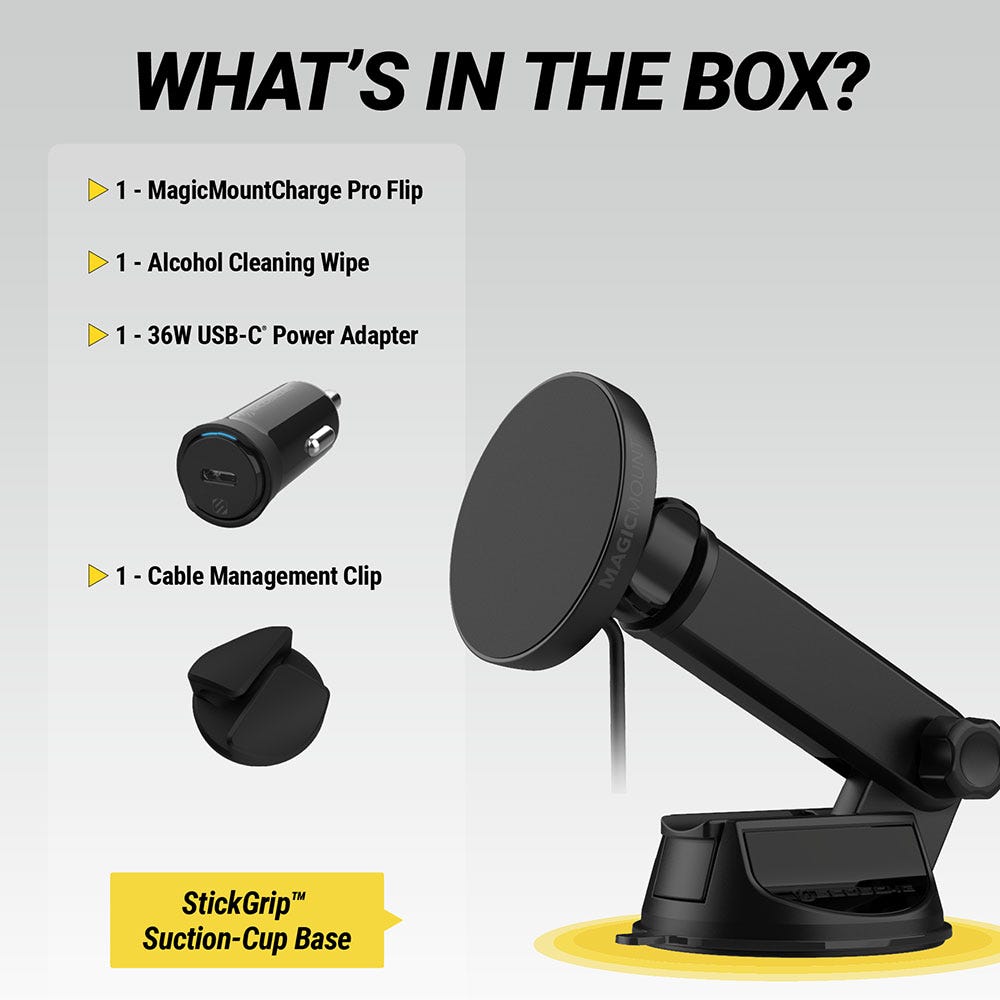 What's in the Box? MagicMount Charge Pro Flip Alcohol Cleaning Wipe 36W USB-C Power Adapter Cable Management Clip StickGrip Suction Cup base