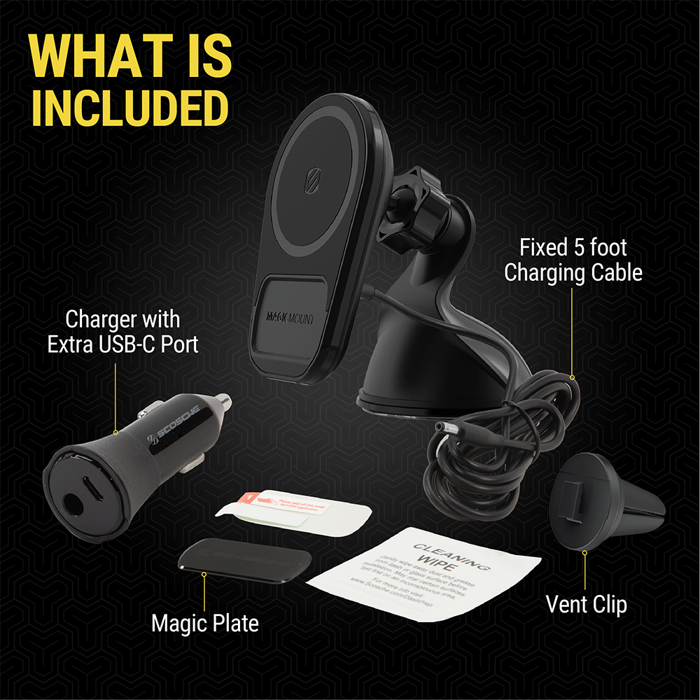 What is included: charger with extra USB-C port fixed 5 foot charging cable MagicPlate vent clip